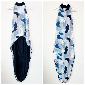 Lizna Dramatic High Low Blue and Black Graphic Silk Blouse XS